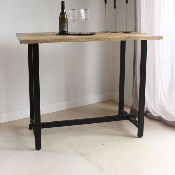 Table de bar structure métallique industrielle / table de bar en bois de manguier massif