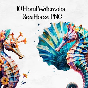 10 Marine Sea Horse PNG&#39;s, Floral Marine Seahorse, Tropical Clipart Bundle, Junk Journal Clipart, Rainbow colorful watercolor Sea Horse