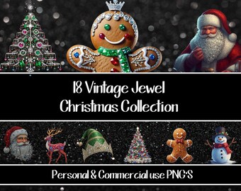 Puede incluir: Imagen digital que presenta una colección navideña con varios elementos festivos. Incluye un árbol de Navidad decorado, un hombre de jengibre, Papá Noel, un reno, un gorro de elfo y un muñeco de nieve. El texto dice "18 Vintage Jewel Christmas Collection" y "Personal & Commercial use PNG'S."