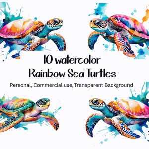 10 Marine Sea Turtle PNG&#39;s, Printable Marine Turtle, Tropical Clipart Bundle, Junk Journal Clipart, Rainbow colorful watercolor Sea Turtles