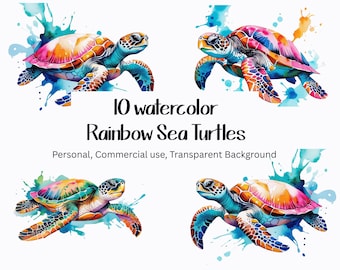10 Marine Sea Turtle PNG's, Printable Marine Turtle, Tropical Clipart Bundle, Junk Journal Clipart, Rainbow colorful watercolor Sea Turtles