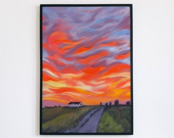 Burning Sky Art Print, House in the Woods, Pastel Landscape (Digital Download)
