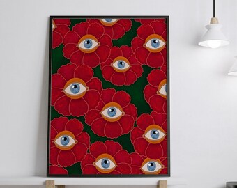 Psykedelisk ögonblomma med krafttryck, 70-tals retro väggkonst (digital nedladdning)