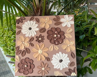 Textured Floral Painting, 3D Flower Art on Canvas, Cream Brown Decor