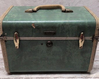 Vintage Samsonite Luggage Cosmetic Vanity Train Carry Case Teal Ivory Trim