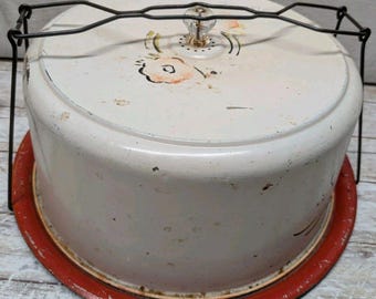 Vintage Tin Metal Pie Cake Carrier With Flowers 2 Piece