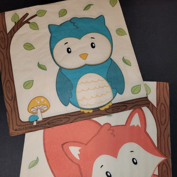 2Pcs. Owl and Fox Set Forest Mushroom 6.5" x 6.5" Napkins for Decoupage, Scrapbooking, Journals and More.