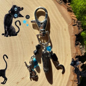 May include: A silver-toned keychain with black and blue beads, a small cat charm, and a black stone pendant. The keychain has a lobster clasp and is decorated with a crescent moon charm. The background features cartoon cat illustrations.