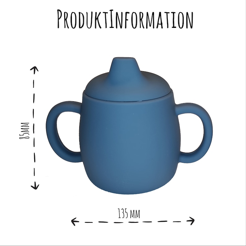 May include: A blue sippy cup with a lid and two handles. The cup is 85mm high and 135mm wide. The text "PRODUKTINFORMATION" is at the top.