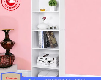 5-Tier Bookshelf Narrow Bookcase Wood Cube Storage Freestanding Open Shelf White