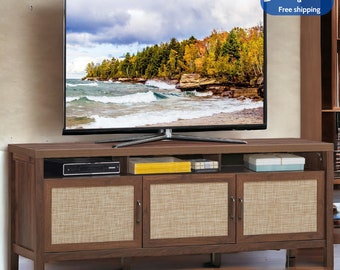 TV Stand Entertainment Media Center for TV's up to 65" with Rattan Doors Walnut