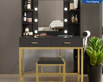 Makeup Vanity with Lighted Mirror & Power Strip, Modern Makeup Vanity 3 Lighting Colors, Brightness