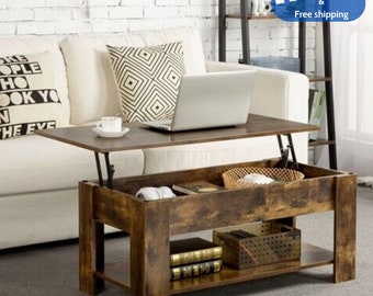 Rustic Lift Top Coffee Table w/Hidden Compartment&Storage Shelf For Living Room