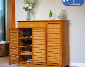 Boots Storage Rack, 3 Shutter Doors 4-Tier Shoe Cabinet with Drawer, 39" Brown Bamboo