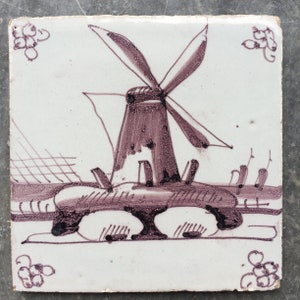 Antique 18th century Dutch Delft tile with Windmill