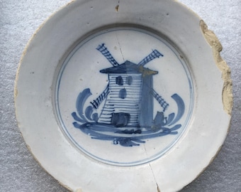 Antique 17th century Dutch Delft plate with windmill