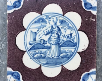 Antique 17th century Dutch Delft landscape tile with shepherd