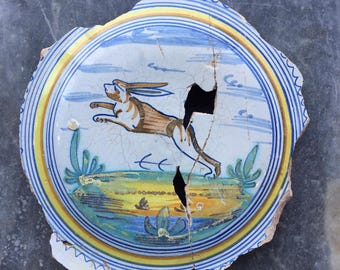 Antique 17th century Dutch Majolica Maiolica Fragment of a Dish with hare