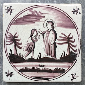 Antique Dutch Delft tile with biblical scene, Jesus Christ curing blindness