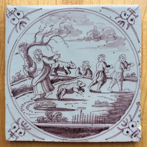 Antique 18th century Dutch Delft tile with biblical scene of Elijah and the bears
