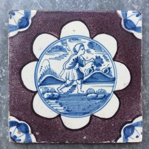 Antique 17th century Dutch Delft landscape tile with shepherd