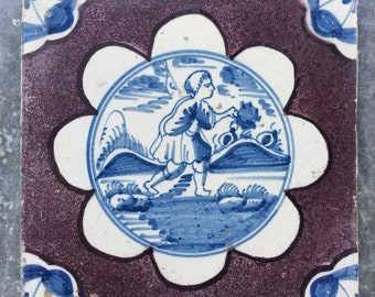 Antique 17th century Dutch Delft landscape tile with shepherd