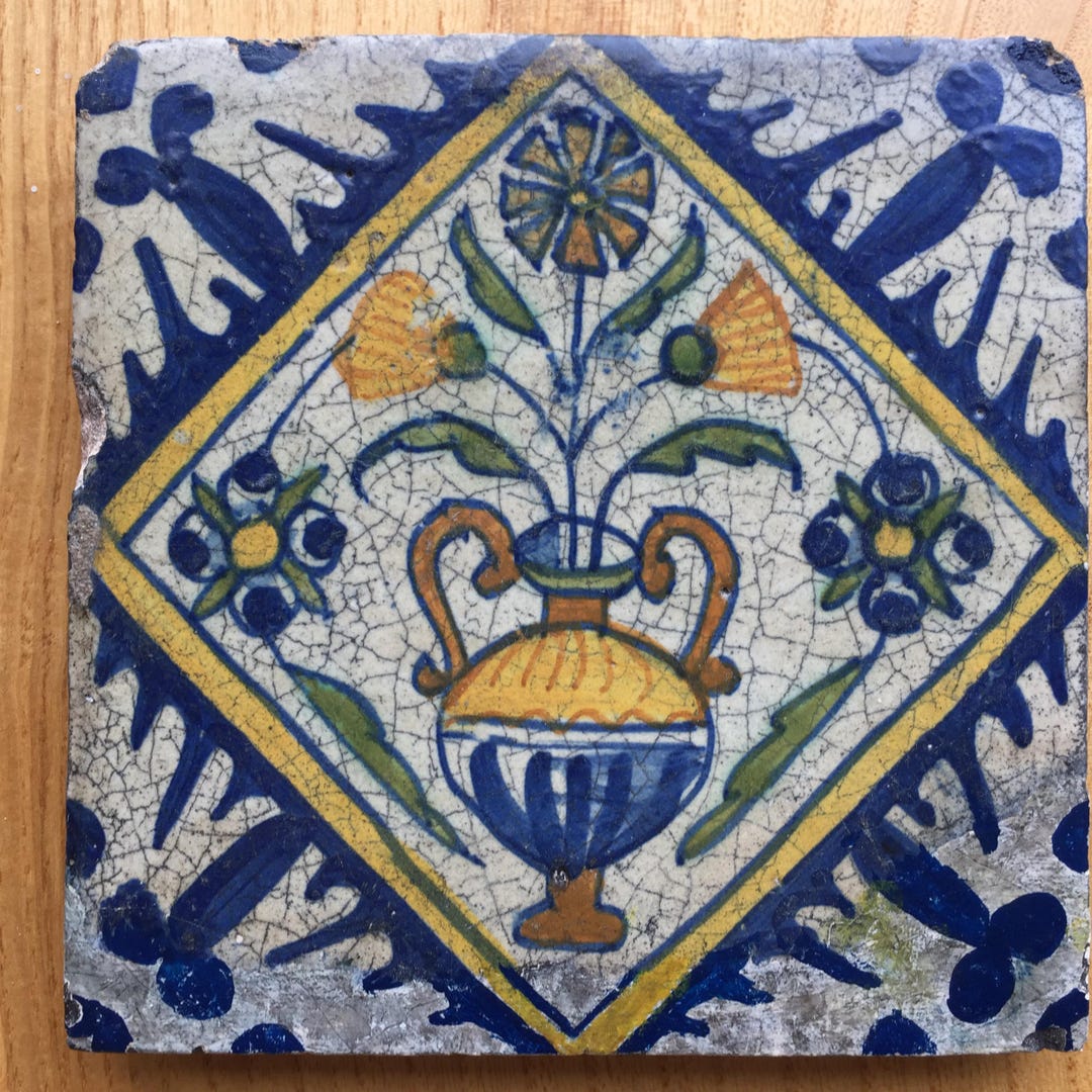 Antique 17th Century Dutch Delft Tile With Flower Vase - Etsy