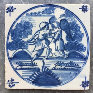 Antique Dutch Delft tile with biblical scene