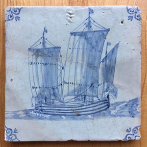 Antique 17th century Dutch Delft tile with sailboat, merchant ship