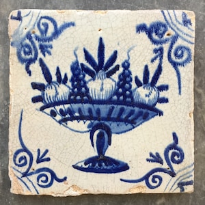 Antique Dutch Delft tile with fruit tazza