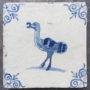 Antique 17th century Dutch Delft tile with a ostrich