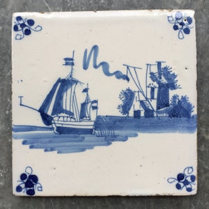 Antique 18th century Dutch Delft tile with Ship in Harbor