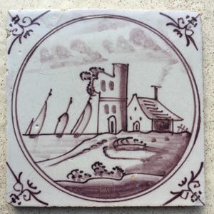 Antique 18th century Dutch Delft tile with landscape