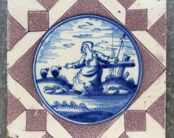 Antique Dutch Delft landscape tile with shepherd