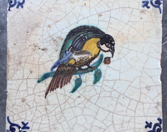 アンティークデルフトタイル、カワセミ、17世紀オランダマジョリカ