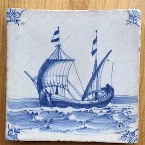 Antique 17th century Dutch Delft tile with sailboat