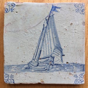 Antique 17th century Dutch Delft tile with sailboat