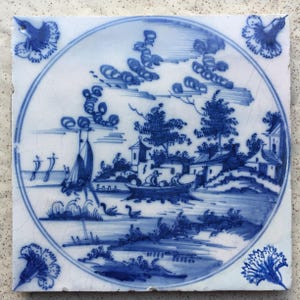 Antique 18th century Dutch Delft tile with river scene landscape