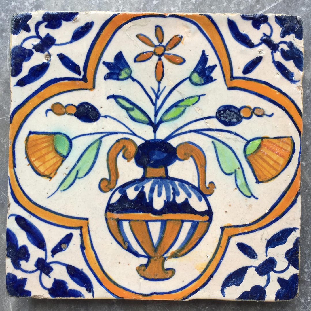 Antique 17th Century Dutch Delft Tile With Flower Vase - Etsy