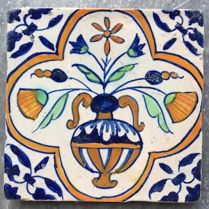 Antique 17th century Dutch Delft tile with flower vase