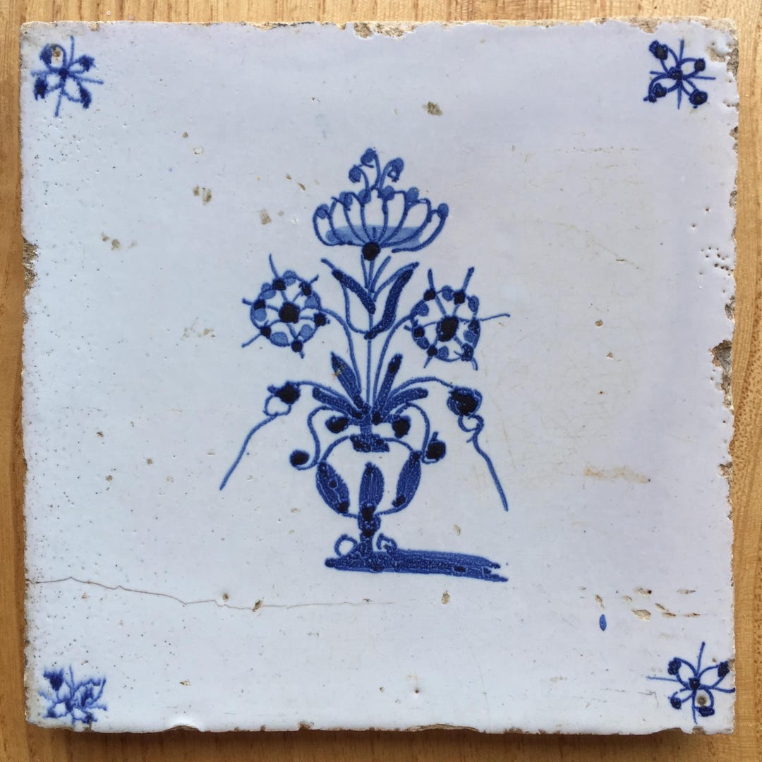 Antique 17th Century Dutch Delft Tile With Flower Vase - Etsy