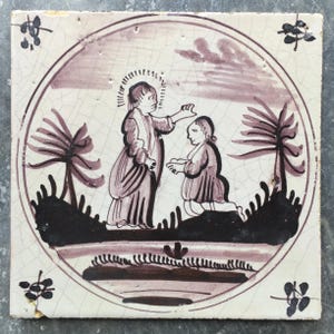 Antique Dutch Delft tile with biblical scene, Jesus Christ cures the sick