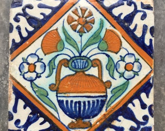 Antique Dutch Delft tile with flower vase