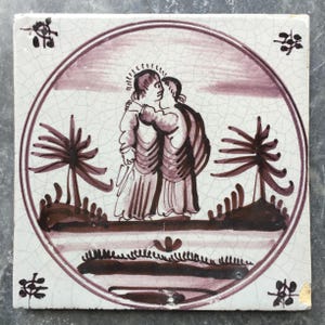 Antique Dutch Delft tile with biblical scene, the kiss of Judas