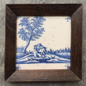 Antique 17th century Dutch Delft tile with shepherds romance