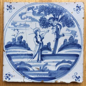 Antique 18th century Dutch Delft tile with biblical scene Zacchaeus in the tree.