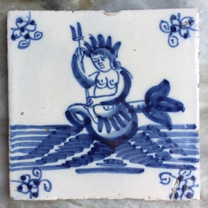 Antique 18th century Dutch Delft tile with Neptune