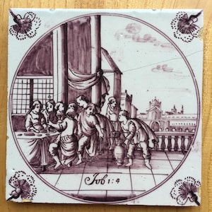 Antique 18th century Dutch Delft tile with biblical scene of Job