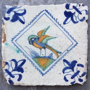 Rare Antique 17th century Dutch Delft tile with bird