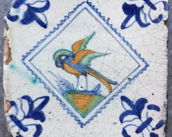 アンティークデルフトタイル、カワセミ、17世紀オランダマジョリカ